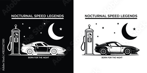 Nocturnal speed legends vintage car at a gas station under the night sky with moon and stars, presented in both black and white versions for a retro automotive theme