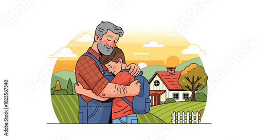 Touching Farewell: Grandfather Embracing Grandson with Love and Support Before School, Set Against a Backdrop of a Serene Farm Landscape.