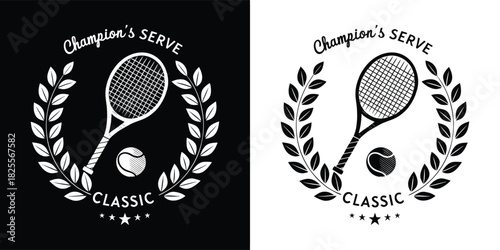 Vintage tennis emblem with racket, ball, and laurel wreath, representing classic championship serve