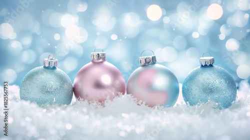 Elegant Pink and Blue Christmas Ornaments Resting on Snow with Bokeh Light Background