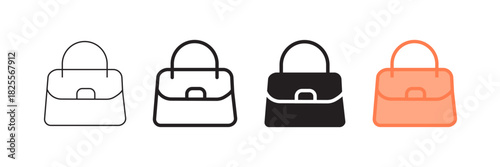Set of minimalist handbag icons with transparent background, depicting women's fashion accessories, shopping and e-commerce symbols, and retail store elements, vector illustration