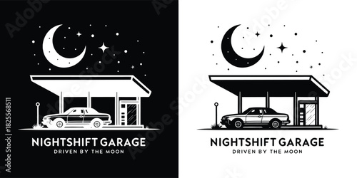 Retro car parked at a gas station under a starry night sky with a crescent moon, vintage vibe, nightshift garage logo concept