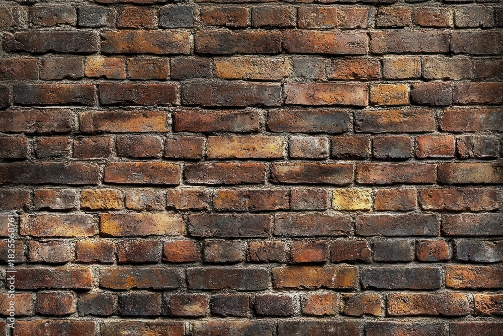 Fototapeta premium Close-up of an old rustic brick wall with varied shades of brown, red, and orange bricks showing weathered texture and mortar lines