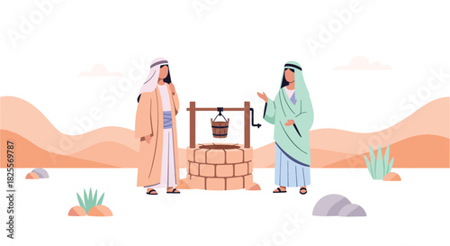 Ancient Oasis Encounter: Two Figures by Desert Well, Traditional Clothing and Middle Eastern Landscape, Sparse Vegetation and Illustration Style, Symbolic Water Source