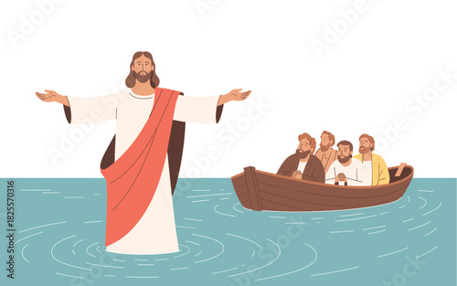 Jesus Walking on Water, as Disciples Watch from Boat: Faith, Miracle, and Christian Narrative Illustration Scene - Vector Art