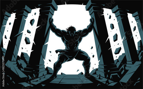 Stylized Atlas Holding Columns, Symbolizing Strength and Endurance in Vector Art, Depicting Ancient Mythology and Overcoming Obstacles, Featuring Classic Strength and Dramatic Contrast