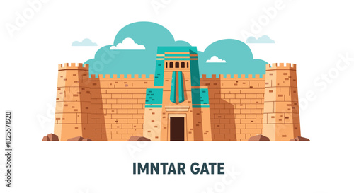Imntar Gate Illustration: Ancient Egyptian Architecture, Fortress, Middle East, Cultural Heritage, and Historical Landmark in Vector Style for Educational and Travel Purposes