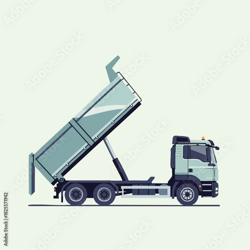 An illustrated dump truck, rendered in a modern, flat vector style, is shown with its cargo bed raised, ready to unload its contents.
