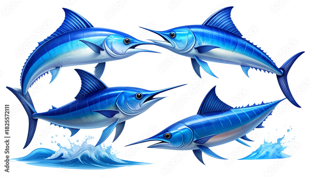 Fototapeta premium Blue Marlin Fish Collection of Four Designs, isolated on transparent background