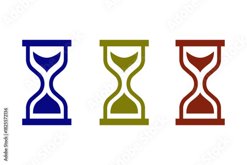 Set of colored hourglass icons with blue, olive and red sand timer symbols on white background