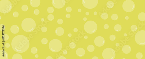 Seamless scattered bubble pattern featuring varying sizes of light yellow circles with gloss highlights on a bright lime green background. Fun vector texture for cleaning products, children’s backgrou