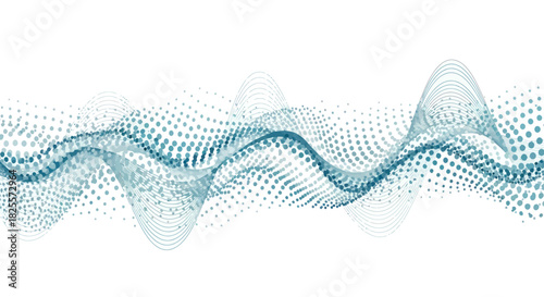 Abstract flowing wave of blue and green dots forming a dynamic pattern.