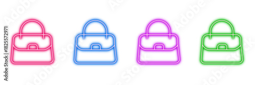 Neon glowing handbag vector icons set, purse, fashion accessory, shopping, women's style, vibrant colorful digital design illustration on transparent background.