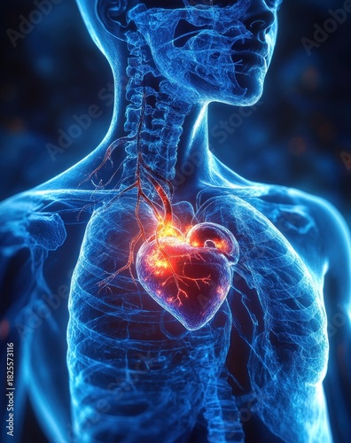 translucent blue human upper torso and neck skeleton with glowing heart, illuminated blood vessels and nerves, and faint lungs and ribs, evoking powerful vitality and energy