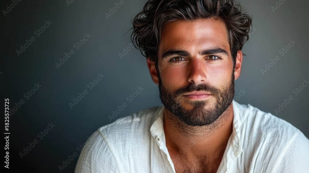 Obraz premium portrait of a man with wavy dark hair and light stubble wearing an open-neck white linen shirt against a neutral gray background, calm and contemplative mood