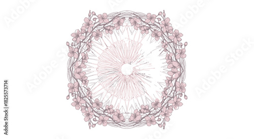 Ethereal abstract circular frame with delicate symmetrical pale pink and grey patterns.