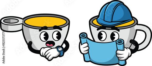 Cartoon Cups with Faces One Wearing a Watch, the Other Holds Blueprints and Hardhat