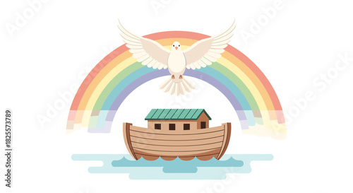 Noah's Ark Illustration with Dove and Rainbow: A Symbol of Hope, Promise, and New Beginnings in a Colorful Design