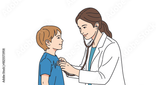A female doctor uses a stethoscope to examine a young boy during a medical check-up.