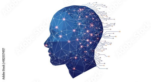 Futuristic Human Head Silhouette with Digital Network Connections.