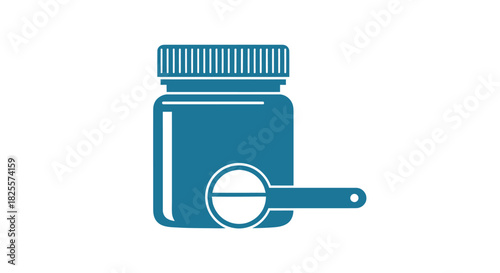 Blue medicine bottle with a pill on a spoon.