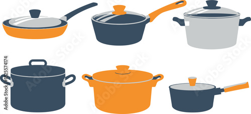 Cartoon Illustration Featuring a Variety of Colorful Cooking Pots, Saucepans, and Skillet
