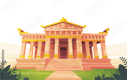 Illustration of Ancient Greek Temple with Columns and Stairs, Set Against a Sky, Capturing Historical Architecture and Cultural Significance with Greenery