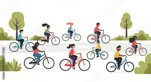 Diverse group of children joyfully cycling on bicycles in a park setting.