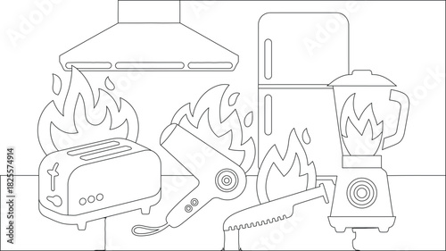 Cartoon Kitchen with Appliances, Extractor Hood, Toaster, Blender, Refrigerator, Hair Dryer and Flames Outline