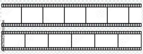 Film strip vector illustration set. Retro cinema movie filmstrip design. Vintage 35mm negative celluloid tape frame. Photography video border element collection. Old movie reel. black movie reel. 