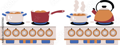 Cartoon Kitchen Boiling Pots and Kettle on Gas Stove Illustration Design