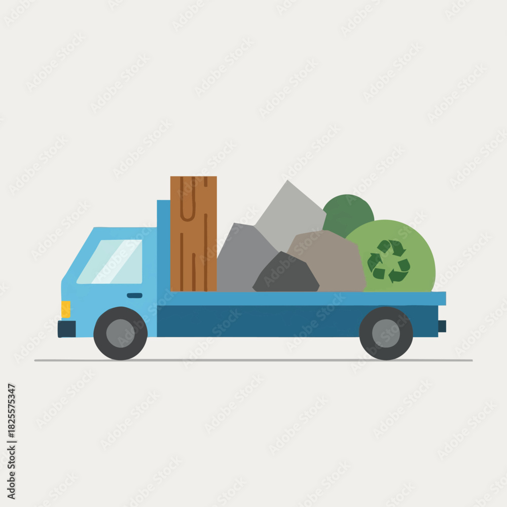 Fototapeta premium A blue truck carries various materials including wood, rocks, and a recycling bag, illustrating waste management and environmental responsibility.