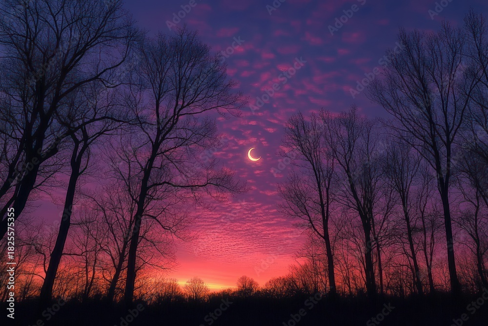 Fototapeta premium Silhouetted bare trees against a vibrant purple and orange sunset sky with a glowing crescent moon and scattered clouds