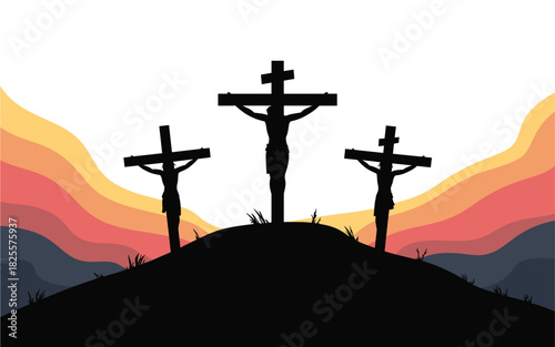 Good Friday Silhouette: Three Crosses on Calvary Hill at Sunset, Symbolic of Jesus Christ's Crucifixion and Resurrection and Hope for all Believers