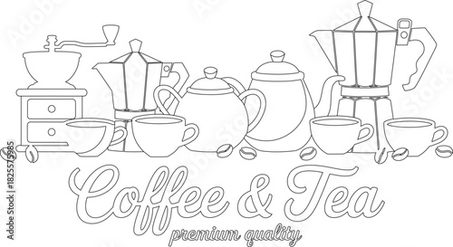 Coffee and Tea Line Art Teapots, Moka Pots, Cups, Coffee Beans, and Vintage Grinder
