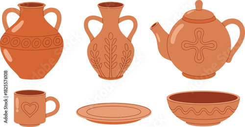 Collection of Brown Pottery Items Vases, Teapot, Mug, Plate, and Bowl