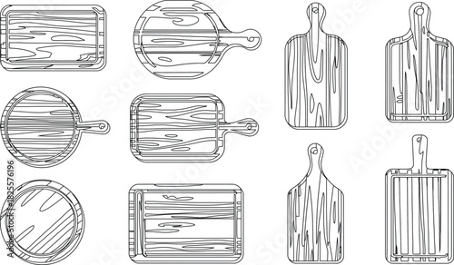 Collection of Line Art Wooden Cutting Boards in Various Shapes and Sizes with Handles