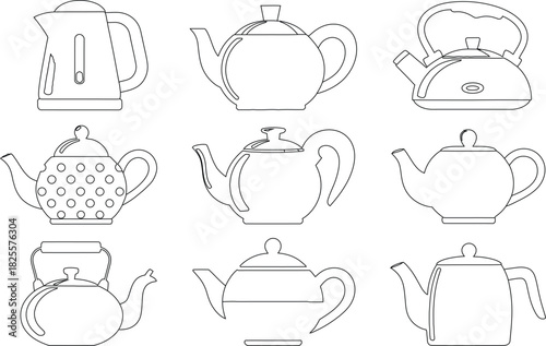 Collection of Outline Teapots and Electric Kettles in Various Styles, Outlined Black and White