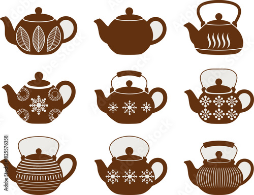 Collection of Nine Brown Teapots with Various Designs on a White Background Illustration