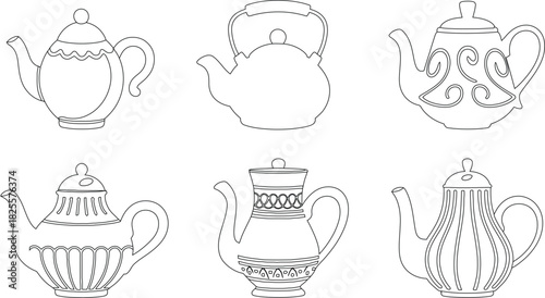 Collection of Six Teapot Outline Drawings with Unique Designs and Varying Shapes and Sizes