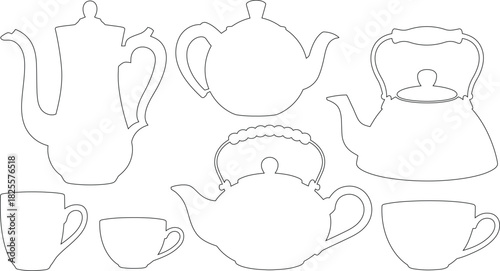 Collection of Teapots and Tea Cups Outlines in Black and White Style Illustration