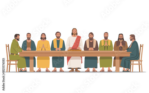 The Last Supper: Jesus and His Disciples in a Detailed Vector Illustration, Depicting Religious Significance and Historical Art with a Clean White Background
