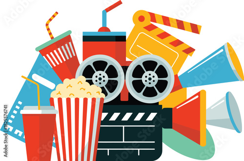 Colorful Cartoon Illustration of Movie Time Snacks, Film Equipment, and Promotional Megaphones Composition