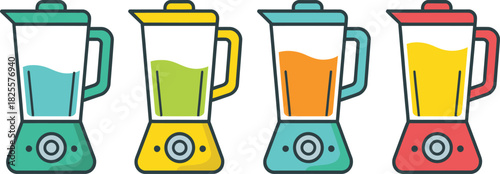 Colorful Cartoon Blender Set With Blue, Green, Yellow, and Orange Liquid Smoothies Isolated on White
