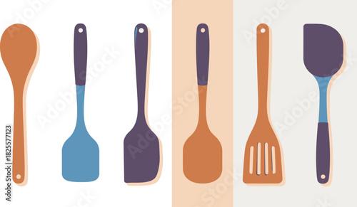 Colorful Illustration of Kitchen Utensils Spoons, Spatulas, and Slotted Spoon for Cooking and Serving