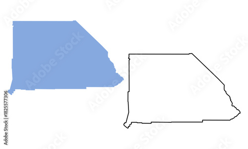 Map of San Bernardino County (California, USA) on white background. Map in different styles of outline and blue silhouette