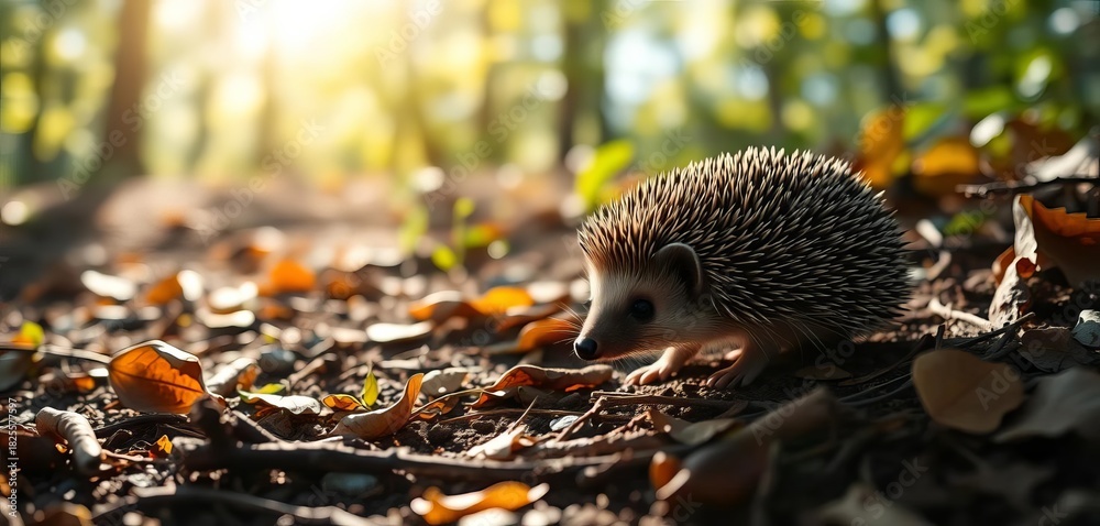 Fototapeta premium A tiny hedgehog ambles through a sun-dappled forest floor, leaves and twigs scattered around, branch, autumn
