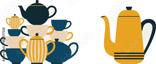 Colorful Tea Set Illustration Stacked Teacups and Teapots with Style, Isolated on White
