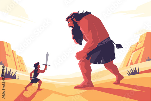 Heroic Stand: A Small Warrior Confronts a Giant in a Desert Landscape with Sword, Ready for a Fight Against Overwhelming Odds.
