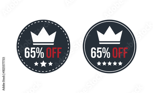 Discount Labels Featuring Crown With SixtyFive Percent Off Offer In Circular Shape